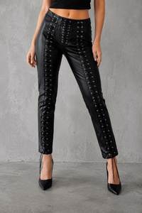 Pantalones de Mujer de Cuero Negro Ecológico, Estilo Gótico de Invierno, Cintura Alta, Pierna Recta, Remaches, Cordones Delanteros, Ajuste Ceñido, Largos - Product Image 4