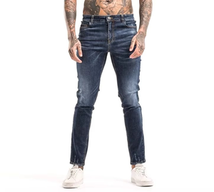 Jean en denim bleu pour homme, taille mi-haute, coupe droite, délavé, patchwork, effet usé, déchiré, extensible, adouci, écologique, vente en gros - Product Image 5