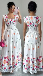 Nouvelle Robe Longue Maxi Élégante Blanche Broderie Florale pour Femme, Manches Courtes Volantées, Col Carré, Superbe Robe Longue Étages Coupe A-Line - Product Image 2