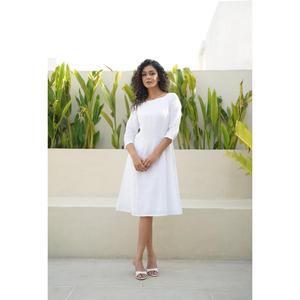 Vestido Midi de Lino y Algodón Blanco Estilo Boho para Mujer, Cuello Redondo, Manga 3/4, Corte en A, Fluido, Casual, Verano - Product Image 1