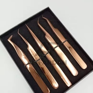 Pinces à extensions de cils couleur or rose plasma, lot de 5 formes, prise en main fluide, acier inoxydable japonais, avec boîtes cartonnées - Product Image 1