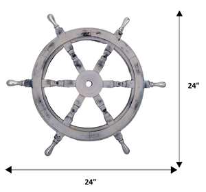 Volant de bateau en bois blanc avec poignées en aluminium, décoration murale nautique, volant marin côtier, décoration murale pour la maison, la maison de plage - Product Image 2