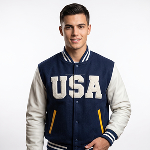 Blouson universitaire d'hiver personnalisé en laine marine écologique avec col montant, manches en cuir et patch en chenille, service OEM pour hommes - Product Image 3