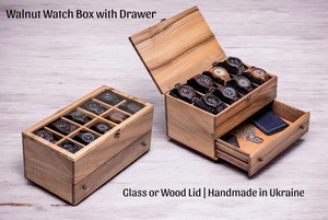 AHTE MANUEXPO UR-065 Wood Watch Box 10-Slot <b>Walnut</b> Watch Organizer <b>Drawer</b> Glass Lid Engraved Personalized Gift for Men Luxury - Product Image 2
