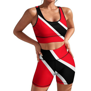 Ensemble de sport 2 pièces pour femme, imprimé rouge, noir et blanc, respirant, tricoté, short de sport et haut court, style sportif printemps-été - Product Image 1