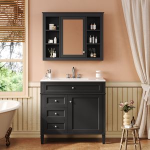 Mobile Bagno Moderno da 36 Pollici con Armadietto Portamedicinali, 2 Ante con Chiusura Ammortizzata, 4 Cassetti, Lavabo Singolo - Product Image 1