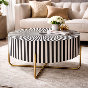 WOODEN ARTISTIC Black <b>White</b> Bone Inlay Coffee <b>Table</b> <b>Round</b> Center <b>Table</b> Modern Floral Pattern Living Room Furniture Rajasthan - Product Image 2