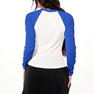 Summer New Style Women's Raglan Sleeve <b>Crop</b> <b>Top</b> White <b>Blue</b> Color Blocking Knitted Crew Neck Slim Fit Casual Long Sleeve T-Shirt - Product Image 2