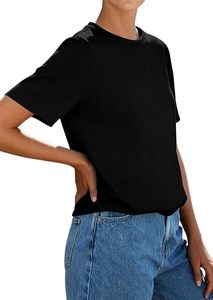 Haut court noir à col en V et manches courtes pour femme, coupe classique, en coton tricoté, couleur unie, respirant, écologique, séchage rapide - Product Image 3