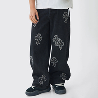 Jean baggy Y2K pour homme avec applique léopard Chrome Heart, style hip-hop de haute qualité, coupe ample, pantalon en denim noir pour homme