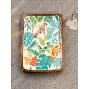 Handmade Enamel Mango Wood Serving Tray - Tropical Cheetah Print Decorative Platter for Coffee <b>Table</b>, Ottoman & Home Decor tray - Product Image 1