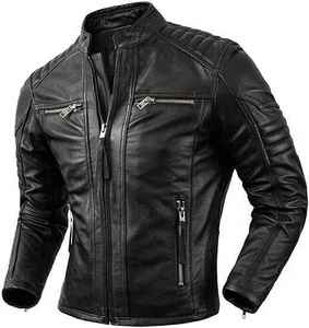 Veste de moto d'hiver en PU véritable de qualité supérieure, écologique, teinte en pièce, pour homme, avec col montant classique et logo frontal - Product Image 1