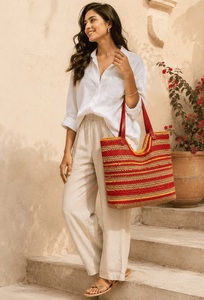 Sac fourre-tout en crochet rayé noir beige gris style bohème à ouverture supérieure pour femme toutes saisons - Product Image 4