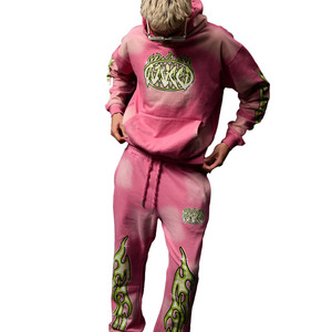 Conjunto Deportivo con Capucha Rosa y Estampado de Llamas Verdes, Pantalones Largos, Diseño Brillante, Unisex, Corte Holgado, Primavera - Product Image 6