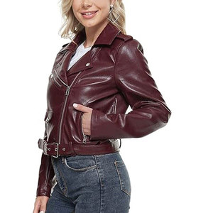Women's Burgundy PU Leather Moto Jacket <b>Zipper</b> Closure Turn-down Collar Regular Fit Autumn Style - Product Image 6