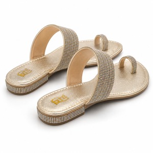 Women Open Toe Rhinestone Flat Sandals <b>Slip</b> on Mule <b>Slides</b> Gold Finish Anti <b>Slip</b> Breathable Casual Winter Footwear - Product Image 3