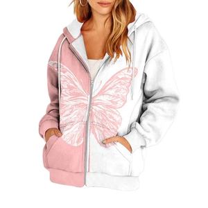 Sudaderas con capucha para mujer, estampado de mariposa, cordón, cremallera, manga larga, sudaderas para mujer, Otoño, informal, estampado, cremallera, Tops con capucha, blusa - Product Image 1
