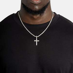 925 <b>Silver</b> Rhodium Plated Cross Pendant Necklace Channel Setting Brilliant Cut <b>Box</b> <b>Chain</b> Unisex Everyday Wear Hip Hop - Product Image 4
