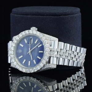 Double Gold Tone – Iced Out Style Mossinate Diamond Watch For Men Blue Dial Stainless Steel Silver Metal Water-Resistant Watch - Product Image 4