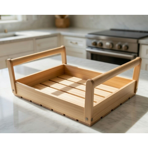 Rustic Pine Wood <b>Rectangular</b> <b>Basket</b> Sturdy Handles Standing Type Easy Carrying Handmade Kitchen <b>Storage</b> Decorative Household - Product Image 3