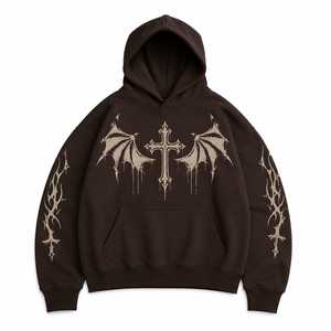 Sudadera con Capucha para Hombre, Estampado Digital de Cruz Gótica y Alas de Murciélago, Lavado Ácido, Bolsillo Frontal, Corte Regular, Algodón French Terry, Invierno - Product Image 1