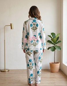 Women Floral Hand Block Printed Cotton Breathable Winter Pajama Set Elegant White Long Sleeve Button-<b>Down</b> Nightwear Shirt - Product Image 6