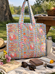 Bolso Tote de Hombro Artesanal de Algodón Floral Acolchado Ligero Lavable con Parte Superior Abierta, de Gran Capacidad, Estampado Bohemio - Product Image 1