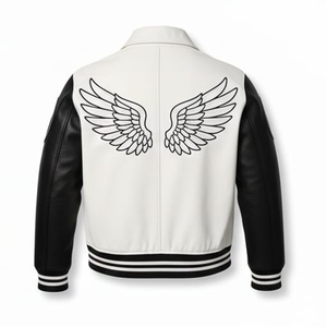 Blouson universitaire en cuir véritable blanc de qualité supérieure pour homme, avec broderie personnalisée sur le devant et le dos, style streetwear, blouson bomber bicolore, veste de motard - Product Image 2