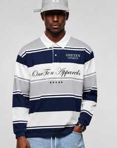 <b>Men's</b> Navy Grey Striped <b>Long</b> <b>Sleeve</b> Polo <b>Shirt</b> <b>White</b> Collar Button Front Casual Top - Product Image 3