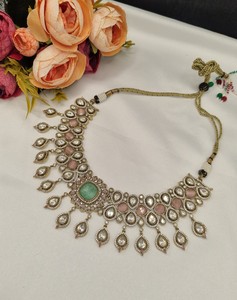 Traditional Wedding Choker <b>Jewelry</b> Set Antique Gold Polish <b>Kundan</b> Stone Necklace Set with Matching Earrings MaangTika Collection - Product Image 2
