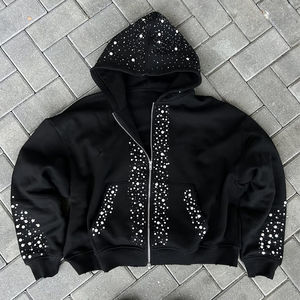 Ensemble survêtement et sweat à capuche double taille avec logo personnalisé imprimé, pantalon évasé orné de strass perlés de haute qualité - Product Image 2