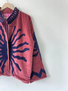 Chaqueta Bomber de Terciopelo Rosa Empolvado, Estilo Boho Vintage, Unisex, Hecha a Mano, con Cuello Mandarín, Bordado a Mano, Abertura Frontal, Corta, de Algodón para Otoño - Product Image 3