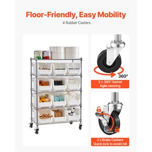 Sistema di Scaffalature in Acciaio a 5 Ripiani con Ruote, 12 Contenitori Organizzativi, Rack Mobile per Attrezzi con Ruote, Scaffali Multiuso - Product Image 5