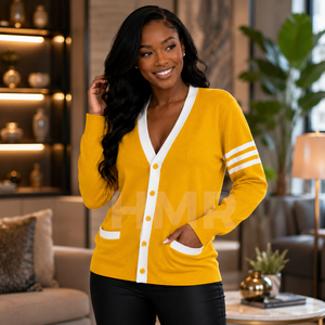 HMR Sorority Sisterhood Acrylic Yellow Knitted <b>Cardigan</b> V-Neck Long Sleeve Preppy Style Contrast Color <b>Button</b> - Product Image 4