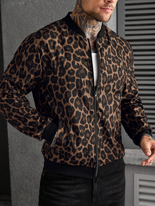 <b>Men</b> Leopard Print Bomber Jacket Brown Animal Print Zip Up Fashion Jacket Streetwear Cheetah Pattern Bomber Wholesale - Product Image 2
