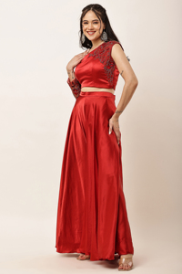 Elegant <b>Red</b> Satin One Shoulder Embroidered <b>Crop</b> <b>top</b> and Sharara Set Evening Dress Solid color Handmade Beads work - Product Image 2