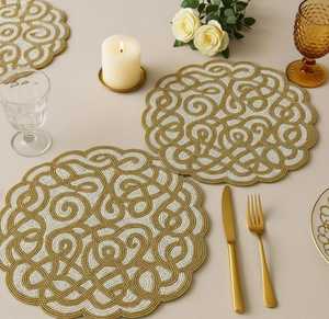 Handmade Polyester/Cotton <b>Beaded</b> <b>Placemats</b> (Set of 2) Floral Embroidered Design Eco-Friendly for Home & Hotel Use - Product Image 2