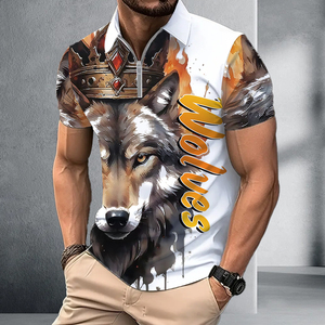 Polo Personalizado con Estampado de Lobo en 3D por Sublimación |   Camiseta gráfica de manga corta con cierre de cremallera para hombre |   Top transpirable con estampado animal en blanco y dorado - Product Image 1