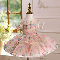 Vestido de niña de las flores de lujo con encaje de tul, diseño floral 3D colorido, estilo princesa, hasta la rodilla, mangas abullonadas, accesorio de velo y forro de satén