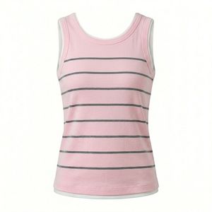 Camiseta sin mangas de punto a rayas rosa para mujer, cuello redondo, informal, transpirable, longitud regular - Product Image 4