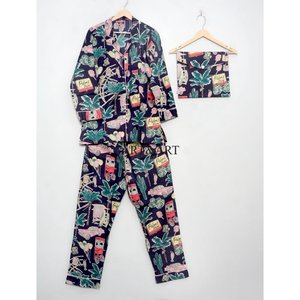 Ensemble de pyjama en coton à imprimé floral confortable - Deux pièces, respirant, vêtements de détente, taille élastique pour les vacances et l'usage quotidien - Product Image 5