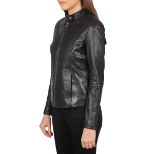 Chaqueta de cuero genuino negra para mujer, estilo motero, con cuello alto, cremallera y manga larga - Product Image 2