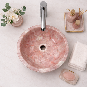 Lavabo de Cuarzo Rosa Natural Ecológico de Lujo, Lavabo Redondo para Baño, Lavabo de Encimera para Diseño de Tocador Moderno - Product Image 4