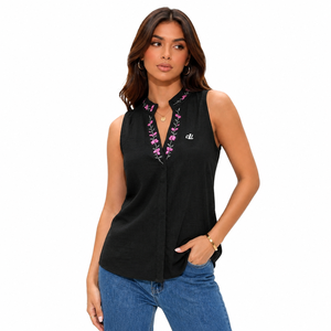 Blusa sin mangas con cuello mandarín y bordado floral de moda para mujer, estilo casual DTG, top sin mangas personalizado con cuello en V, boutique. - Product Image 5