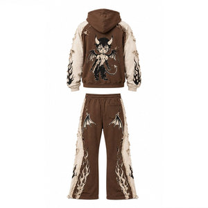Ensemble de survêtement unisexe imprimé, sweat à capuche et pantalon de jogging, streetwear, manches longues, coupe ample, marron crème, motif flamme - Product Image 3