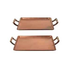 Rectangular Copper Serving <b>Trays</b> with Wooden Handles Luxury Rose Gold Metal Platter Modern <b>Kitchen</b> Food Drinks Server - Product Image 1