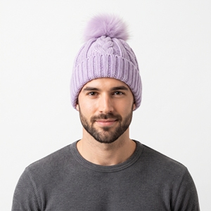 Bonnet tricoté épais personnalisé unisexe, cagoule d'hiver côtelée violet clair, doux et chaud, avec pompon, pour l'extérieur - Product Image 1