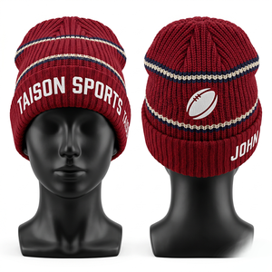 Premium 320 GSM Acrylic Rib Knit Rugby Beanie Maroon White Stripe Custom Embroidery Logo <b>Winter</b> <b>Cap</b> - Product Image 5