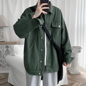Men's Green Denim Jacket Casual Button Front Solid Color Regular Fit Autumn Breathable 100% Cotton Woven Topstitch - Product Image 3
