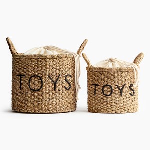 Playful Round <b>Toy</b> Seagrass <b>Storage</b> <b>Basket</b> With Embroidered <b>TOYS</b> Design <b>Basket</b> Vietnam Manufacturer - Product Image 1